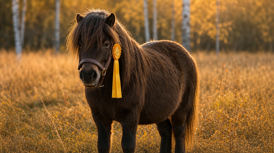 Shetlandsponny med gul vinnarrosett i grimskaft, gyllene oktoberljus